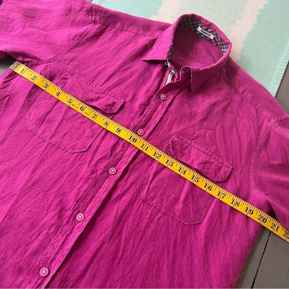 Bugatchi Men’s Shaped Fit Pink Linen Short Sleeve Button Down Shirt - Picture 8 of 9